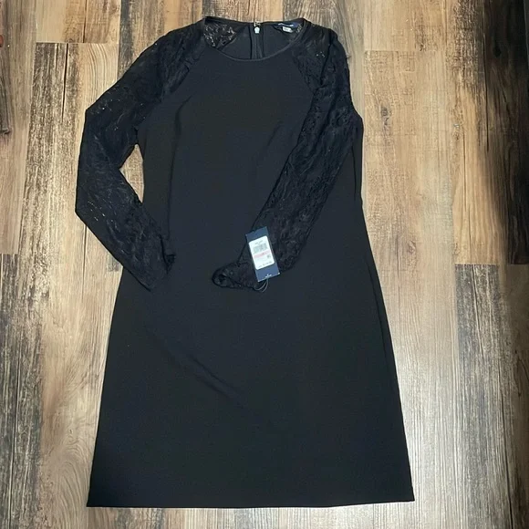 TOMMY HILFIGER Womens Black Lace Sleeves Long Sleeve Jewel Neck Short Wear To Work Sheath Dress Petites 10P TOMMY HILFIGER Womens Black Lace Sleeves Long Sleeve Jewel Neck Short Wear To Work Sheath Dress Petites 10P